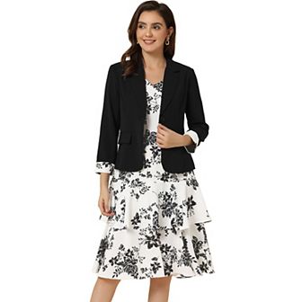 Women's Work Bow Print 2 pc Sets Chiffon V Neck Contrast Panel Jacket Dress