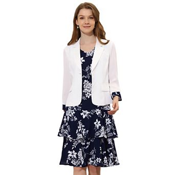 Women's Work Bow Print 2 pc Sets Chiffon V Neck Contrast Panel Jacket Dress