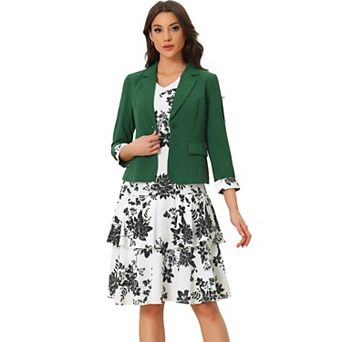 Women's Work Bow Print 2 pc Sets Chiffon V Neck Contrast Panel Jacket Dress