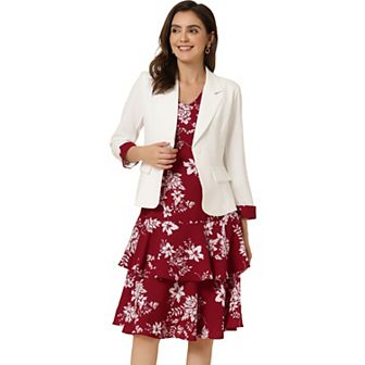 Women's Work Bow Print 2 pc Sets Chiffon V Neck Contrast Panel Jacket Dress