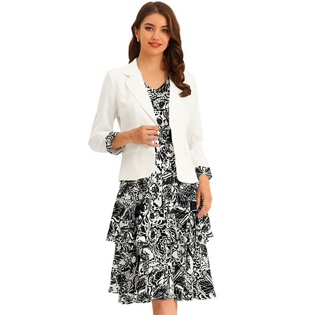 Women s Work Bow Print 2pc Sets Chiffon V Neck Contrast Panel Jacket Dress
