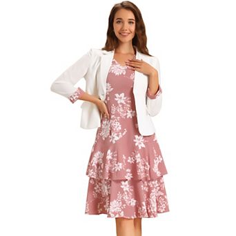 Women's Work Bow Print 2 pc Sets Chiffon V Neck Contrast Panel Jacket Dress