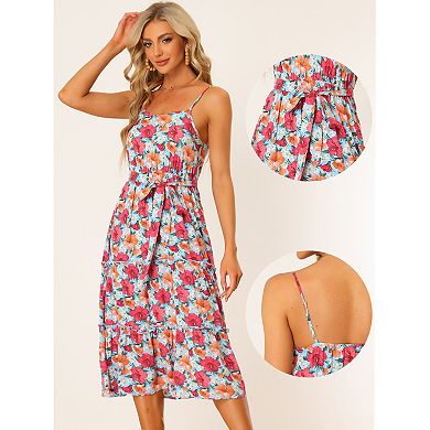 Summer Sleeveless Floral Dresses For Women's Belted Adjustable Strap Dress