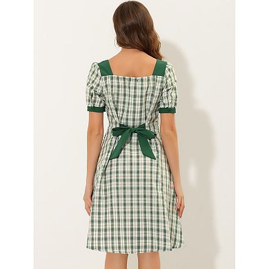 Women's Summer Contrast Square Neck Short Sleeve A-Line Plaid Dress