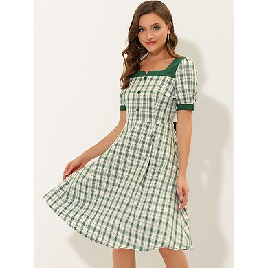 Women's Summer Contrast Square Neck Short Sleeve A-Line Plaid Dress