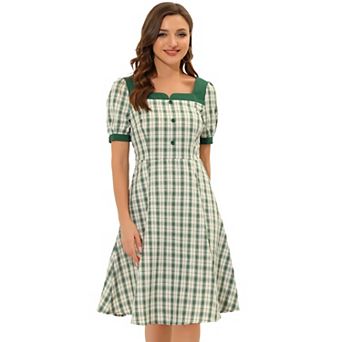 Women's Summer Contrast Square Neck Short Sleeve A-Line Plaid Dress