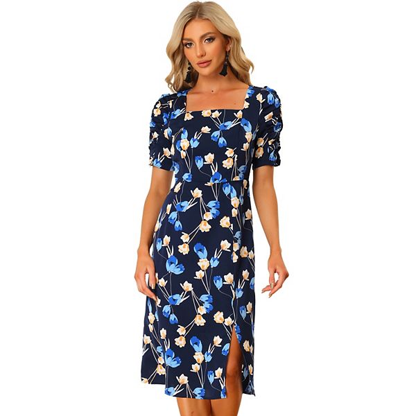 Square Neck Floral Print Zipper Dress