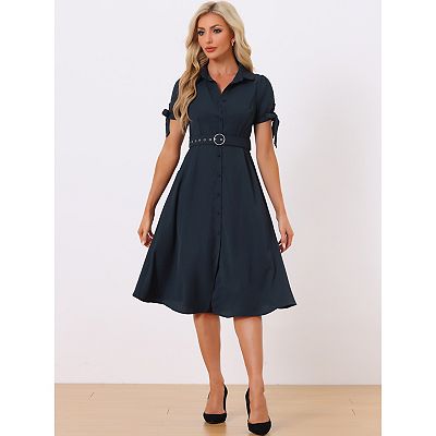 Women s Business Casual Shirt Dress Short Sleeve Pocket Belted Button Down Midi Dresses