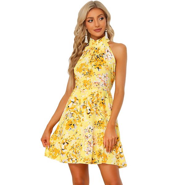 Women's Floral Print Sleeveless Halter Neck Belted Fashion Dress