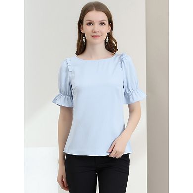 Women's Round Neck Short Sleeves Ruffle Top Blouses