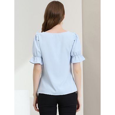 Women's Round Neck Short Sleeves Ruffle Top Blouses