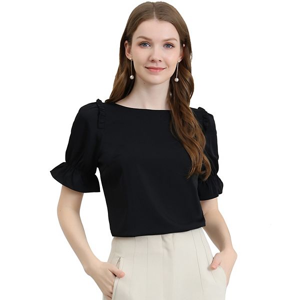 Women's Round Neck Short Puff Sleeves Ruffle Top Blouses