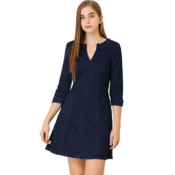 Women's A-Line Stretchy Jeans Split Neck 3/4 Sleeve Denim Dress