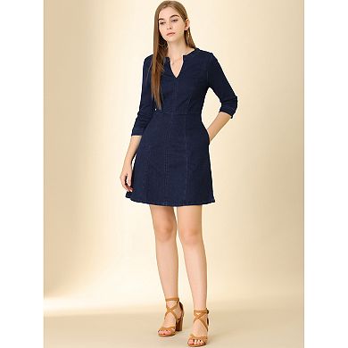 Women's A-Line Stretchy Jeans Split Neck 3/4 Sleeve Denim Dress