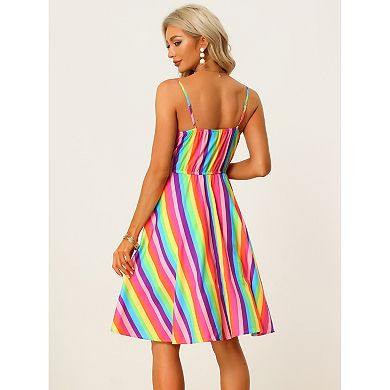 Women's Summer Dress Casual Beach Sundress V Neck Tie Front Rainbow Spaghetti Strap Dresses