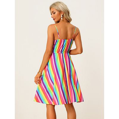 Women s Summer Dress Casual Beach Sundress V Neck Tie Front Rainbow Spaghetti Strap Dresses