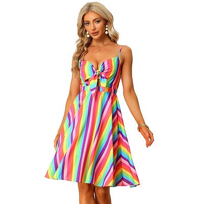 Women s Summer Dress Casual Beach Sundress V Neck Tie Front Rainbow Spaghetti Strap Dresses