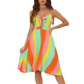 Women's Summer Dress Casual Beach Sundress V Neck Tie Front Rainbow Spaghetti Strap Dresses