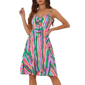 Women's Summer Dress Casual Beach Sundress V Neck Tie Front Rainbow Spaghetti Strap Dresses