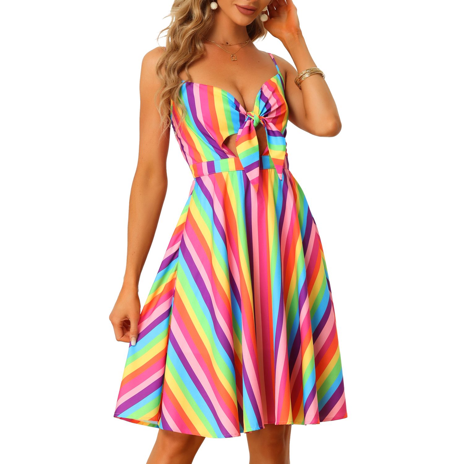 Women's Summer Dress Casual Beach Sundress V Neck Tie Front Rainbow  Spaghetti Strap Dresses