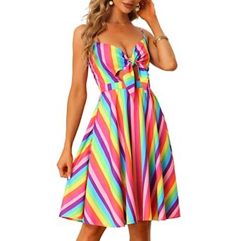 Women's Summer Dress Casual Beach Sundress V Neck Tie Front Rainbow Spaghetti Strap Dresses