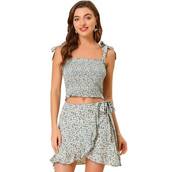 2 pc Outfit for Women's Summer Floral Print Smocked Mini Skirt Set