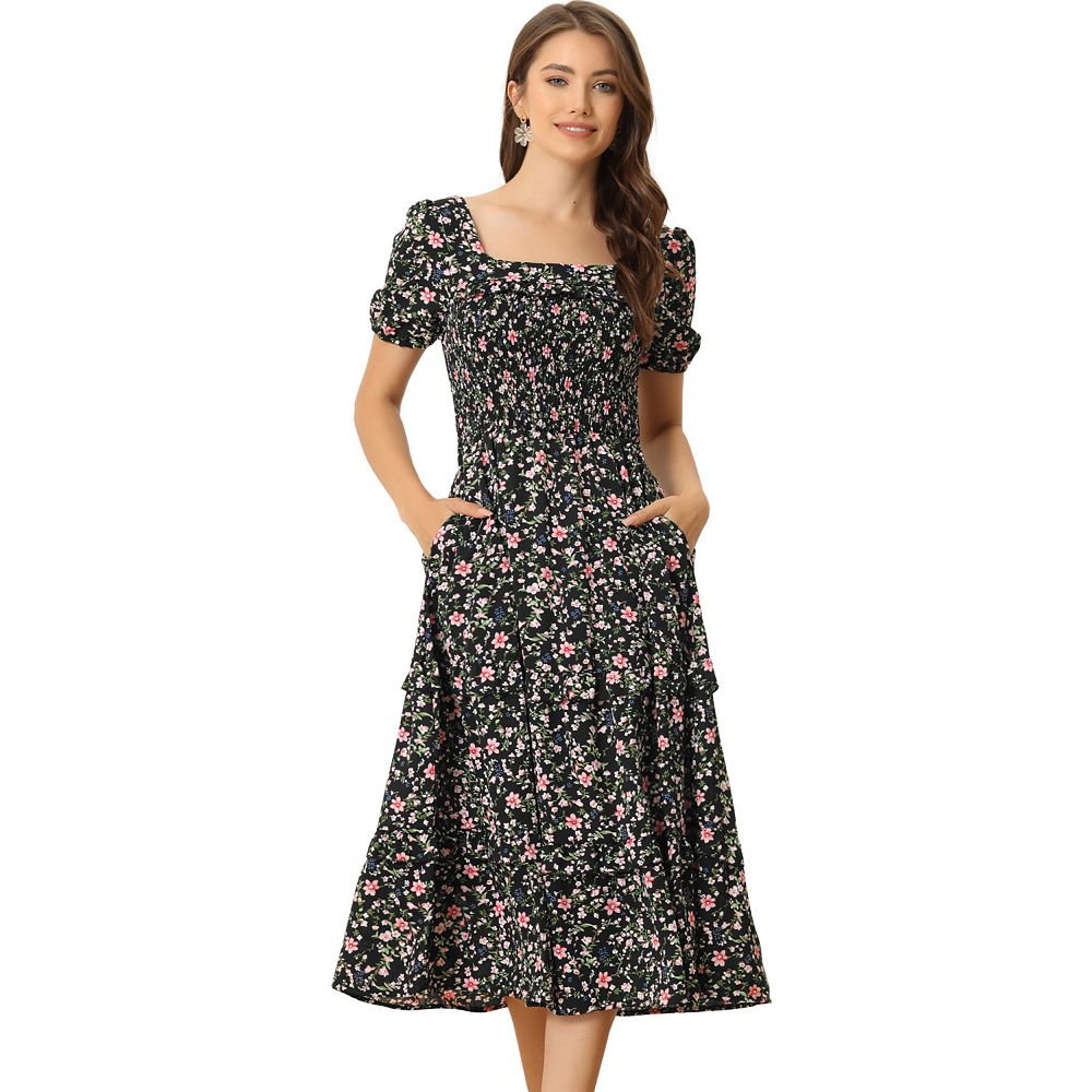 Square Collar Ruffled Lace-up Floral Midi Dresses