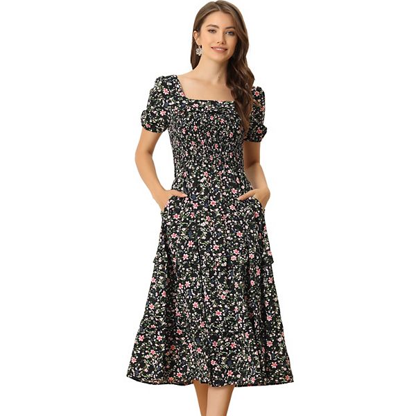 Women's Floral Dresses for Women's Square Neck Smocked Ruffle Summer ...