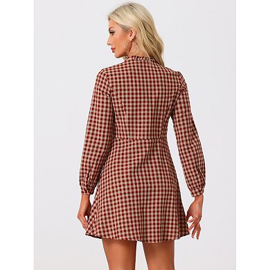 Women's Vintage Check Ruffle Neck Button Down Long Sleeve A-line Dress