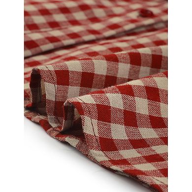 Women's Vintage Check Ruffle Neck Button Down Long Sleeve A-line Dress