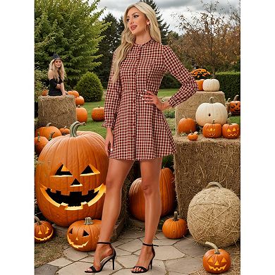 Women's Vintage Check Ruffle Neck Button Down Long Sleeve A-line Dress