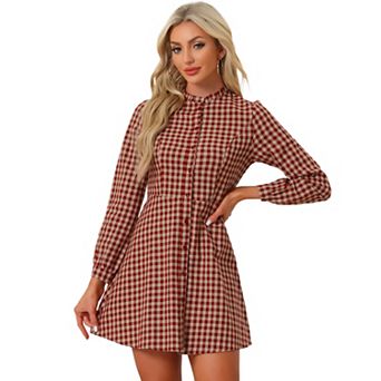 Women's Vintage Check Ruffle Neck Button Down Long Sleeve A-line Dress