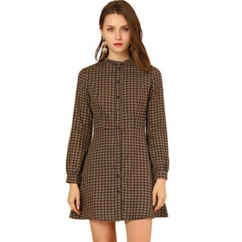 Women's Vintage Check Ruffle Neck Button Down Long Sleeve A-line Dress