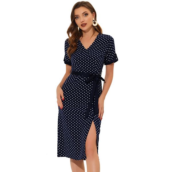 Women's Polka Dots V Neck Split Button Decor Belted Summer Dress