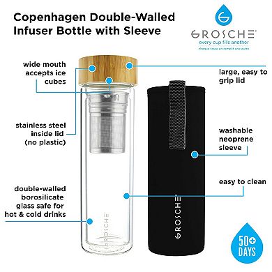 GROSCHE Copenhagen Double Wall Glass Water Bottle With Infuser & Protective Carrying Sleeve