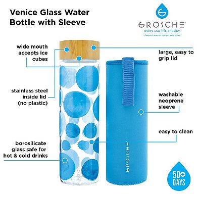 GROSCHE Venice Glass Water Bottle With Protective Carrying Sleeve