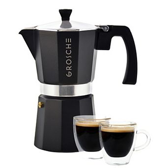 GROSCHE 9 cup Milano Stovetop Espresso Coffee Maker and TURIN Glass Espresso Cup Set