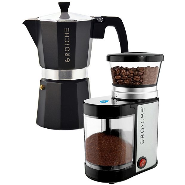 Grosche Milano Stovetop Espresso Coffee Maker and Electric Burr Coffee Grinder Bundle, Blue