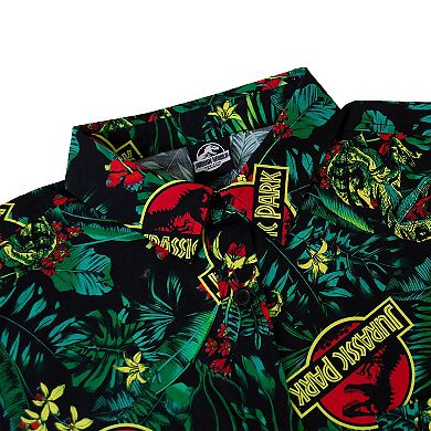 Men's Jurassic Park Logo Tropical Raptor Pattern Button Up Graphic Shirt