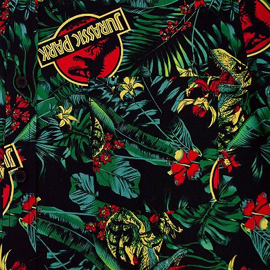 Men's Jurassic Park Logo Tropical Raptor Pattern Button Up Graphic Shirt