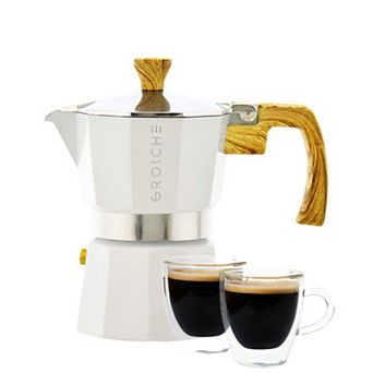 GROSCHE 3 cup Milano Stovetop Espresso Coffee Maker and TURIN Glass Espresso Cup Set
