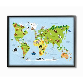 Stupell Home Decor World Map Cartoon Framed Wall Art