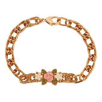 1928 Gold Tone Faux Pearl Pink Flower Link Bracelet