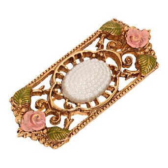1928 Gold Tone Faux Pearl Pink Flower Rectangle Brooch