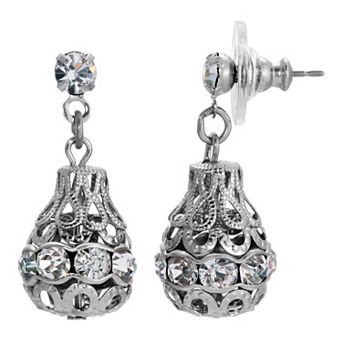 1928 Jewelry Silver Toned Filigree Ball Crystal Drop Earrings