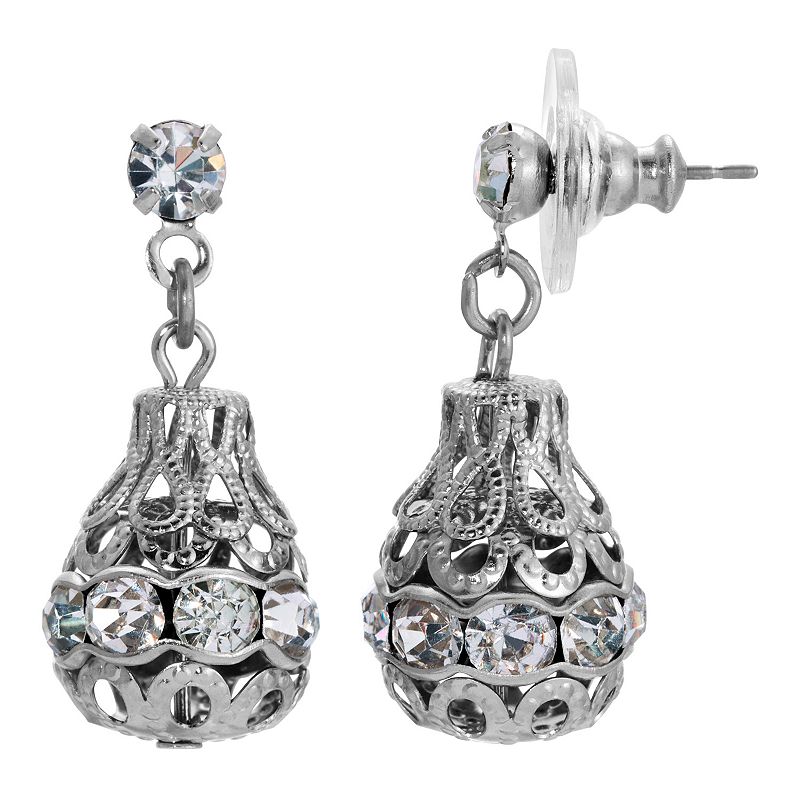 1928 Jewelry Silver Toned Filigree Ball Crystal Drop Earrings, Women's, Gray
