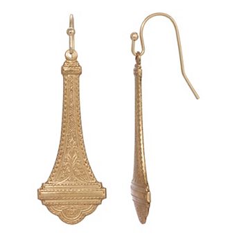 1928 Gold Tone Etched Tower Drop Earrings