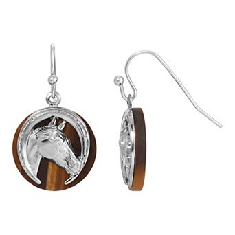 1928 Silver Tone Tiger Eye Horse Head Round Earrings