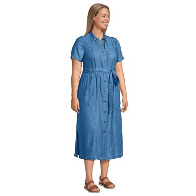 Plus Size Lands' End Indigo Tencel Button Front Midi Dress