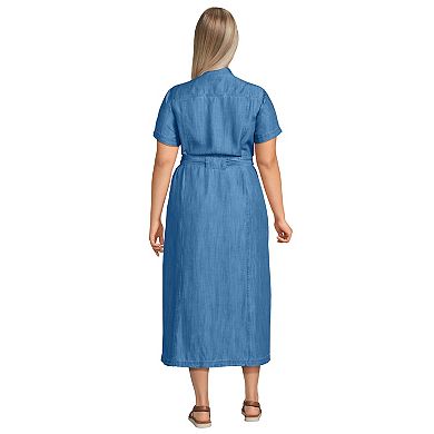 Plus Size Lands' End Indigo Tencel Button Front Midi Dress